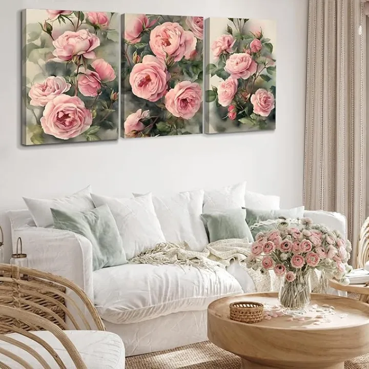 Hotuijxca Pink Rose Canvas Wall Art, Pink Roses Canvas Prints, Vintage Pink Flowers Wall Art for Living Room, Bedroom(24" x 36" x 3 pcs)