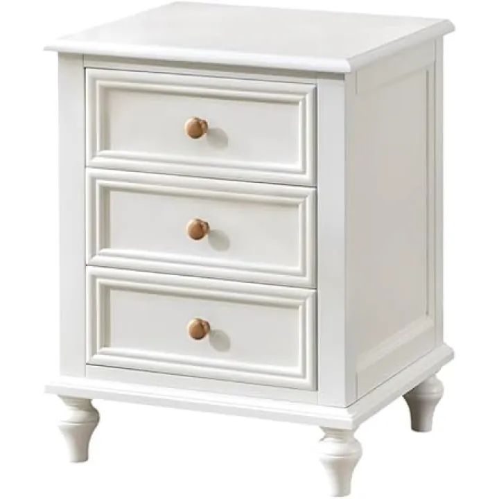 GUERNSEY Home Nightstand Home White Three Drawer Bedside Table Living Room Simple Solid Wood Storage Cabinet Bed Side Nightstand