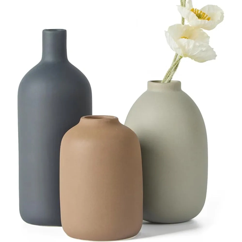 Ceramic Vase Set of 3,Neutral Modern Vases for Bouquet Pampas Grass Dried Fresh Flowers,Rustic Home Decor for Living Room,Bedroom Entryway