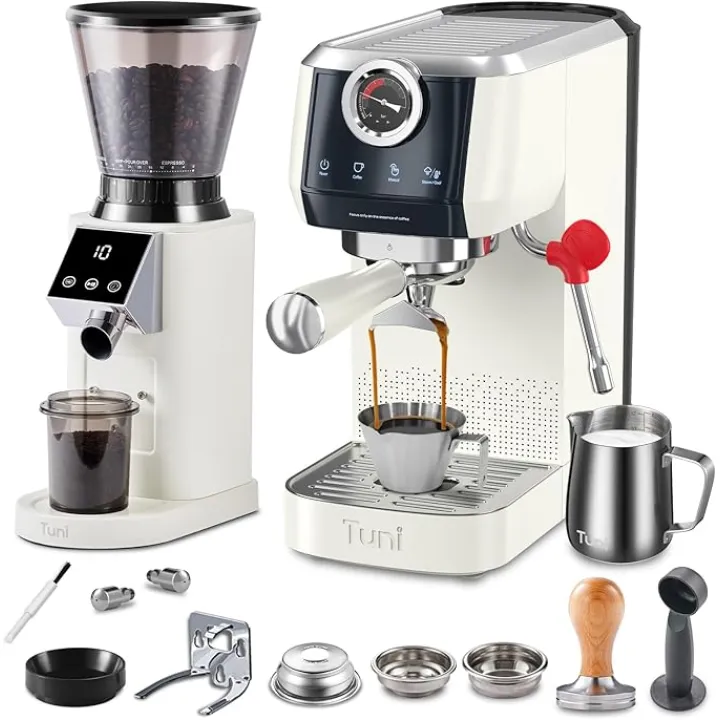 Tuni E2 58mm Espresso Machine and G1 Ivory Conical Burr Coffee Grinder Combo, 20Bar Dual Boiler Coffee Maker, 48 Grind Settings Anti-static Burr Mill (E2 with Upgrade Kit)