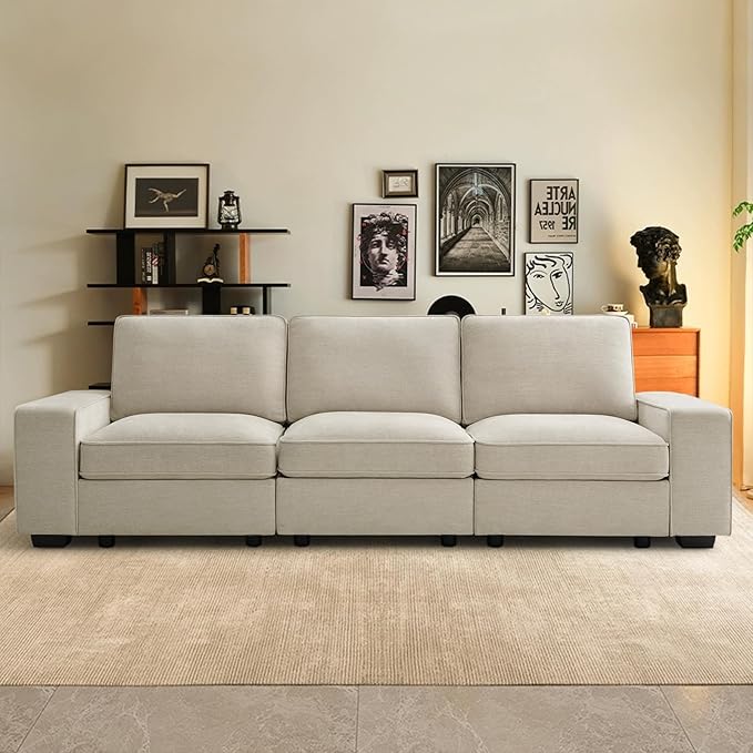 LEISLAND Modular Sofa Couch with Storage&USB Port, Large Sectional Couches for Living Room, Chenille 3 Seater Couch with Deep Seat, Low-Back Cushion and Detachable Cover(100.5 Inches, Beige)