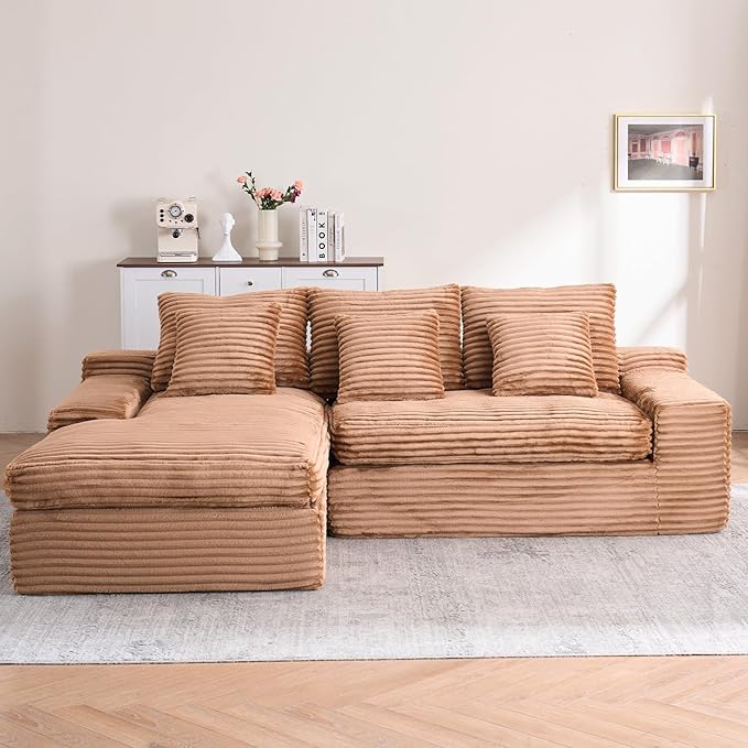 99" Boneless L Shape Sectional Cloud Couch with Deep Seat, Corduroy Compressed Memory Foam Sofa with Chaise Comfy Upholstered Fluffy Lounge No Assembly Sofas for Living Room, Brown