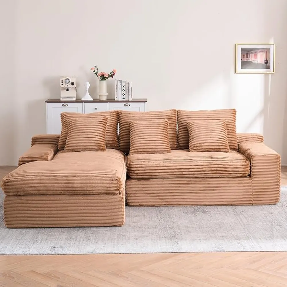 99" Boneless L Shape Sectional Cloud Couch with Deep Seat, Corduroy Compressed Memory Foam Sofa with Chaise Comfy Upholstered Fluffy Lounge No Assembly Sofas for Living Room, Brown