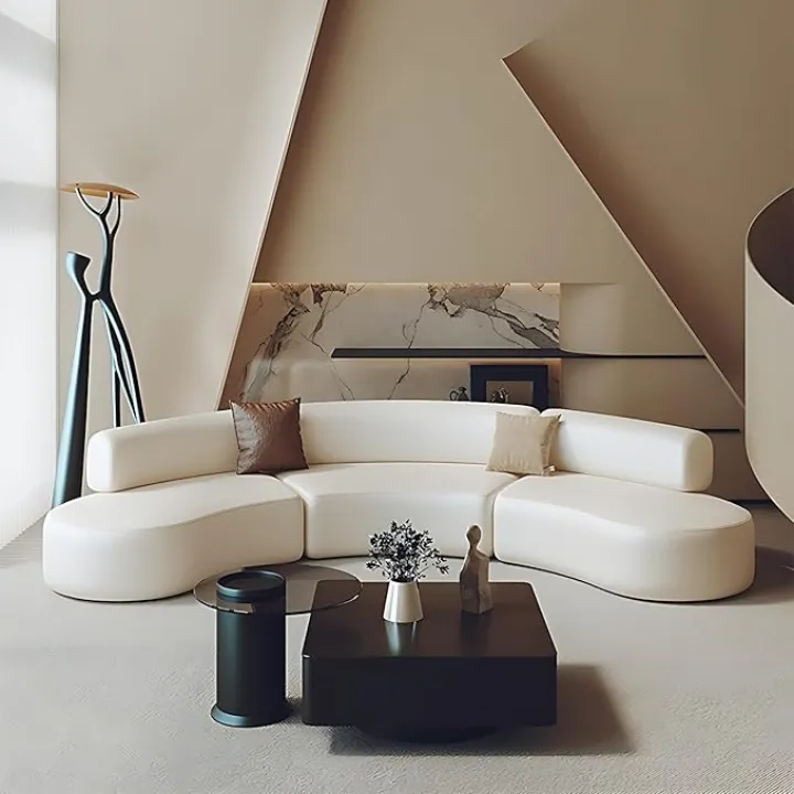 Modern Sectional Sofa Set - with Semi-Circular Design | Three-Section Splicing Design | Faux Leather Sectional Couch with High Resilience Foam and Solid Wood Frame for Living Room(WHITE-A,150 IN)