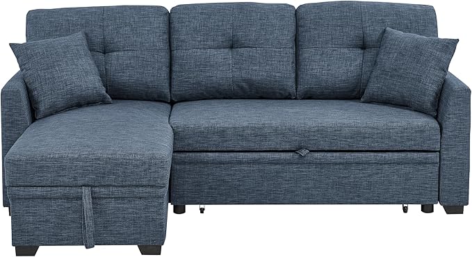 83" Sleeper Sectional Sofa Pull Out Couch Bed , Convertible L Shaped Tufted Linen Upholstered Sofa Corner Couch with Reversible Storage Chaise Pullout Sofabed w/ 2 Pillows for Living Room Apartment