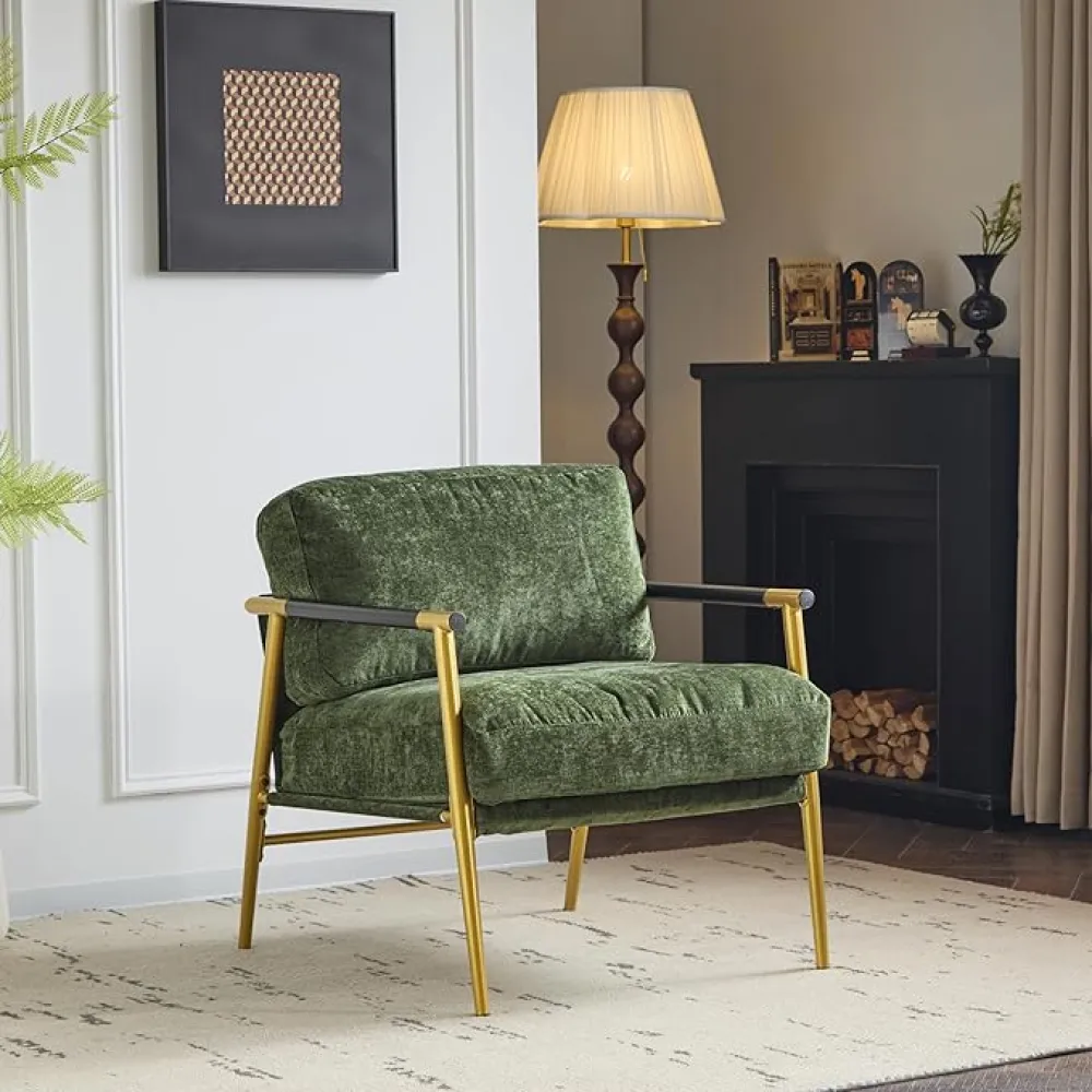 Modern Accent Chair with Plush Cushions,27.5" Minimalist Metal Frame Armchair,Comfortable Upholstered Reading Chair for Living Room,Bedroom,Office,Gold,Green