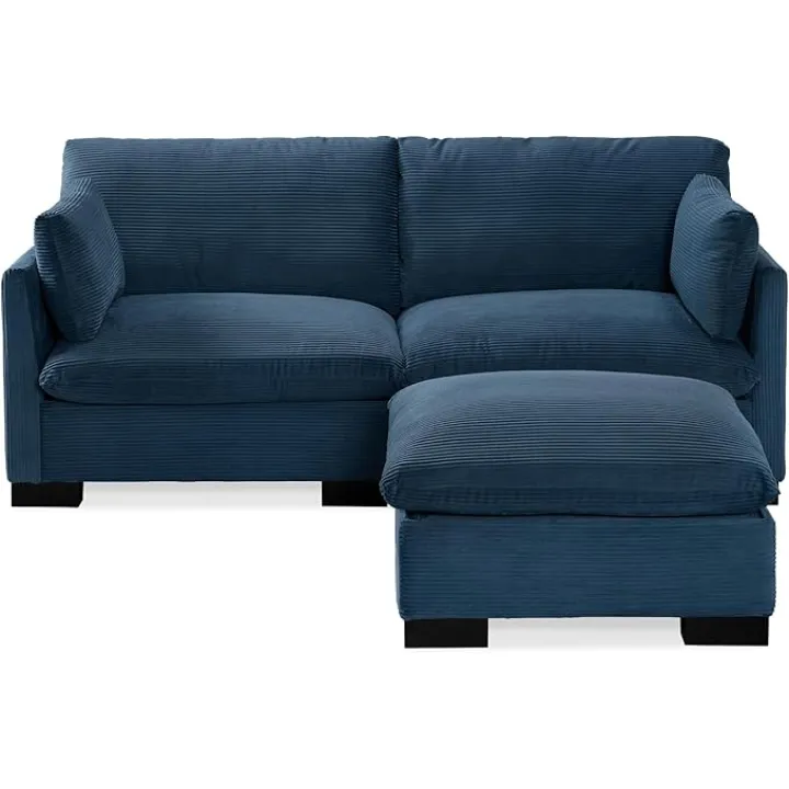 Best Choice Products 82in Modular Cloud Pillowtop Loveseat Sofa, Deep Seat Sectional Couch w/Storage Ottoman, Plush Corduroy Fabric, Real Wood Frame and Legs – Stone Blue