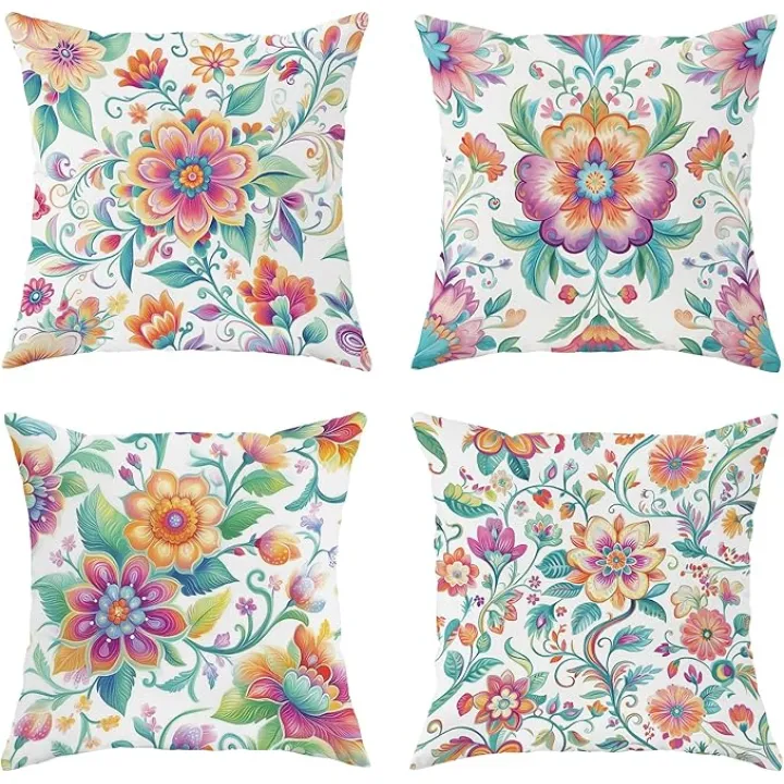 Spring Floral Outdoor Pillow Covers, Colorful Flower and Leaf Waterproof Cushion Cases, Vibrant Garden Decor for Patio Sofa Chair Bench, Springtime Home Accents 18x18 Inch