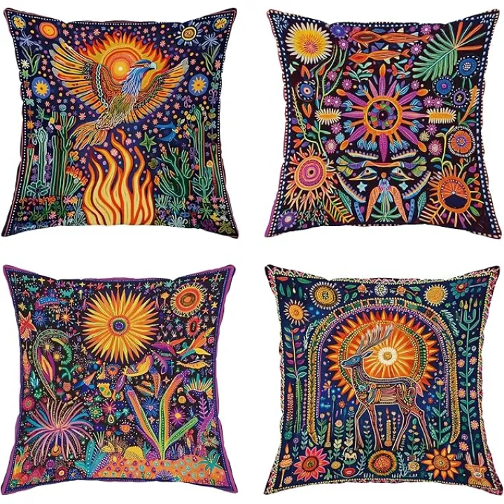 Vibrant Outdoor Pillow Covers, Colorful Bohemian Floral Waterproof Throw Pillows Case, Nature-Inspired Decor Cushion Covers for Patio Garden Sofa Bench Chair 16x16 Inch