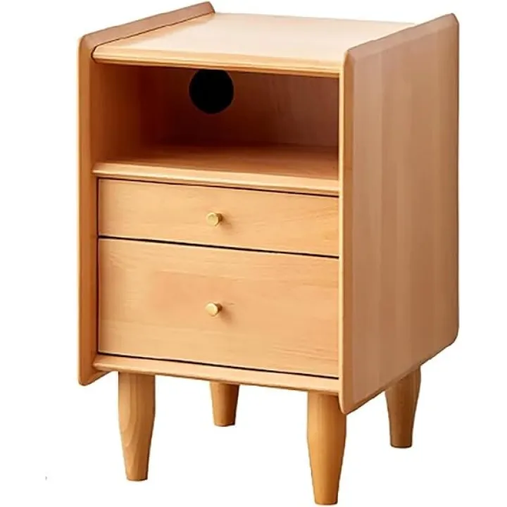 Narrow Solid Wood 2-Drawer Nightstand Retro Style Narrow Side Table Bedside Table End Tables for Living Rooms Solid Construction(Natural,35cm/14in)