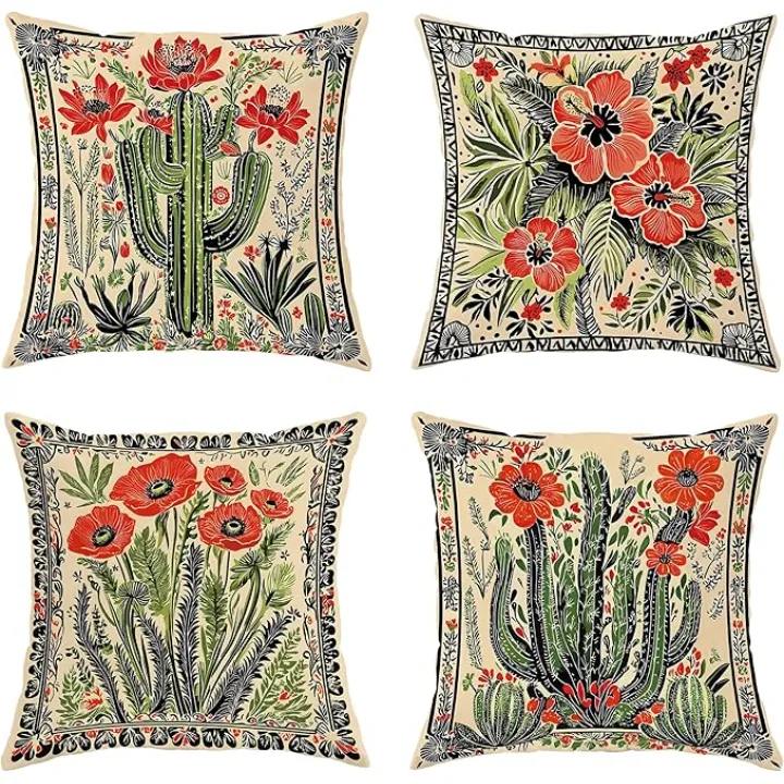 Spring Outdoor Pillow Covers, Red Floral Cactus Waterproof Throw Pillow Case, Outside Bohemian Decor Cushion Covers for Patio Garden Tent Sofa Bench Chair 16x16 Inch