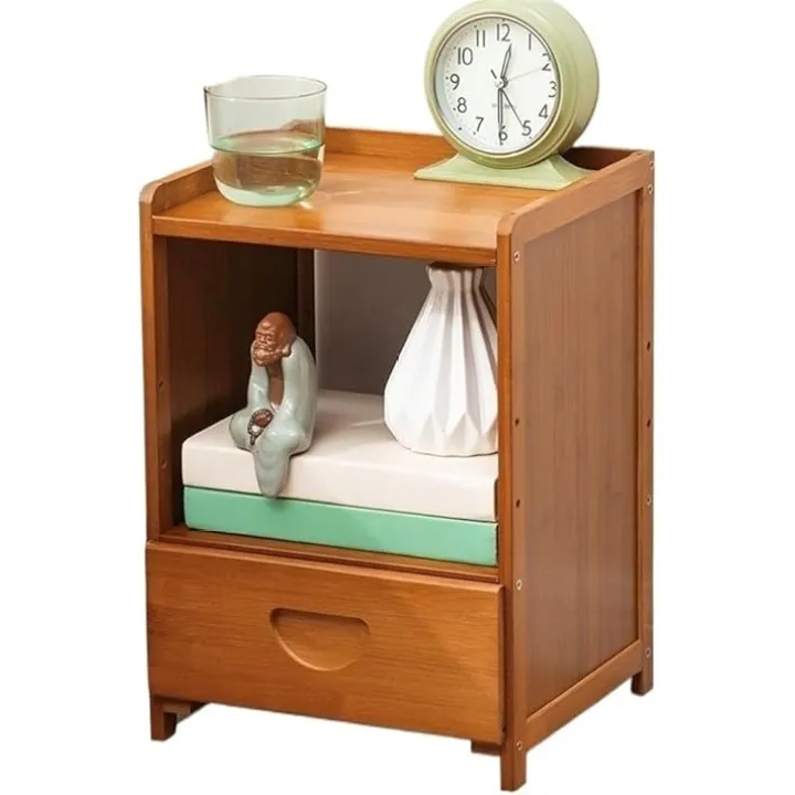 Bedside Table, Wood Nightstand Bamboo Bedside Table Bohemian Style Tea Table with Drawer and Open Shelf Bedroom/Living Room Low M-INI Table Bedside Table Bedroom Furniture(Tea Brown,A)