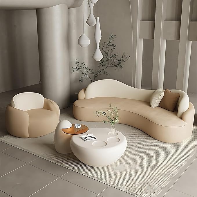 Modern Sectional Sofa Set for Living Room - Curved Cream Style Couch | with Coffee Table | Ergonomic Design | High Resilience Latex Cushion | Velvet Upholstery | Solid Wood Frame(BROWN-A,94 IN)