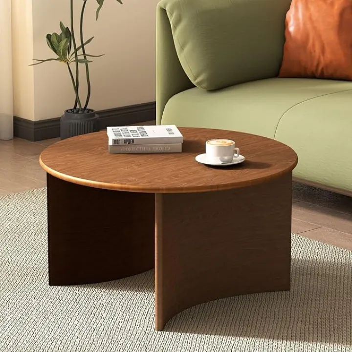 Wooden Round Coffee Table with Curved Base, 31.5’’ Modern Walnut Center Table, Tea Table for Apartment, Living Room, Small Space