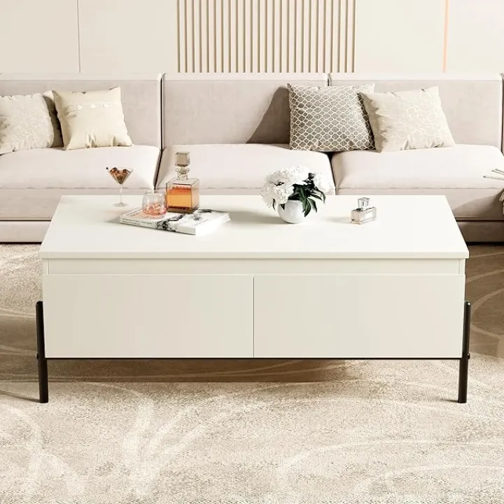 Modern Farmhouse White Wooden Coffee Table with Open Storage, Metal Legs, Drawers - Tea Table for Living Room, Office, Bedroom & Outdoors