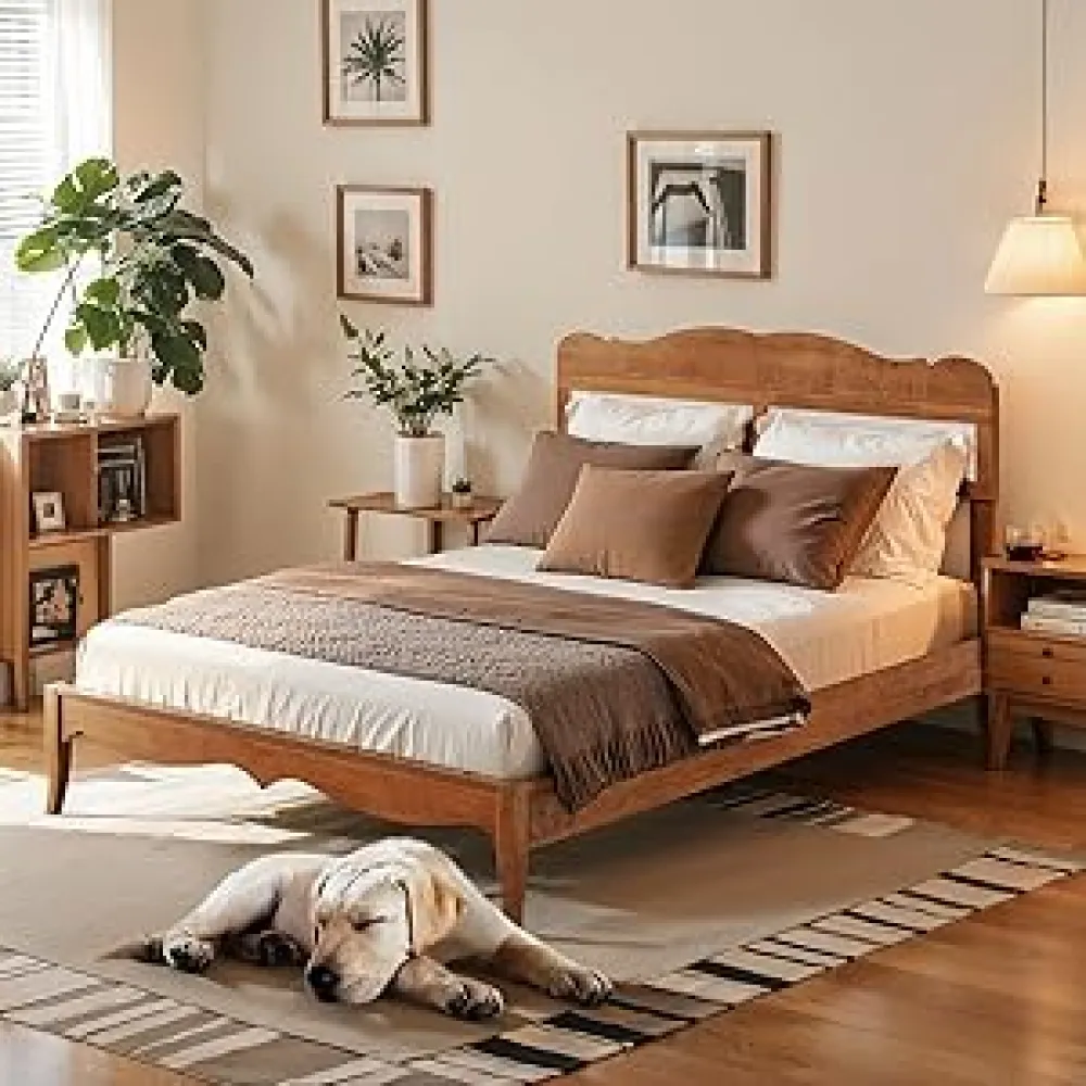 ALPHA HOME Wooden Bed Frame Queen Size - Solid Wood Bed with Woven Rattan Headboard, Reinforced Slats Support, Quiet & Easy Assembly (No Box Spring)
