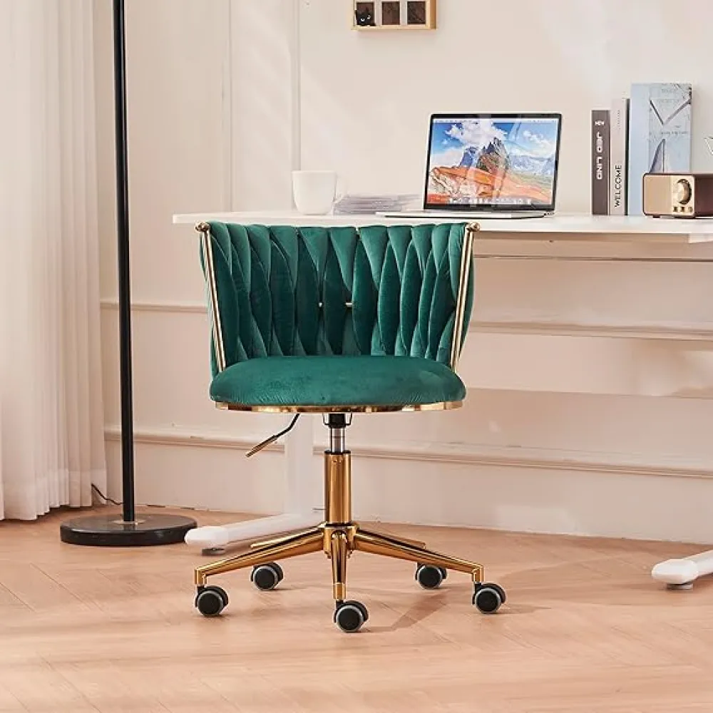 Elegant Upholstered Task Chair for Comfort and Style, Ergonomic Design with Adjustable Height and 360-Degree Swivel, Velvet Material, Emerald Green