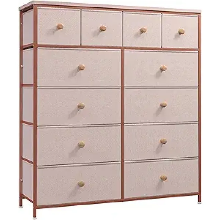 Tall Dressers for Bedroom with 12 Drawers, Fabric Storage Dressers & Chests of Drawers, Sturdy Metal Frame, Wood Top, Closet, Entryway, Bedroom Furniture (Pink)