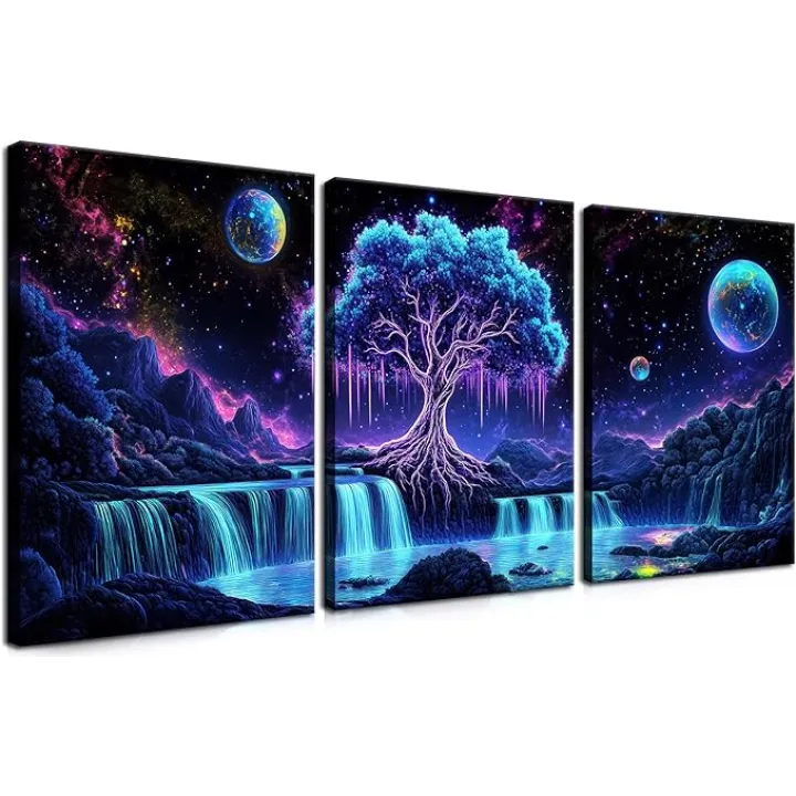 KFYMP Tree of Life Wall Art – 3 Panel Fantasy Canvas Set – Cosmic Waterfalls & Starscape – 16x12 Inch Mystical Nature Décor