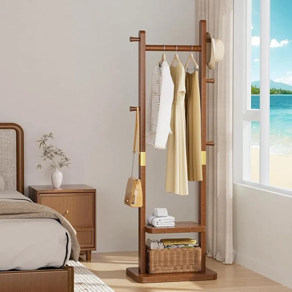 Solid Wood Coat Rack, Coat Rack Freestanding with 2 Shelves and 5 Hooks, Heavy Duty Coat Tree for Entryway，Living Room，Coat Hanger Stand for Hats, Bags (Walnut Brown)