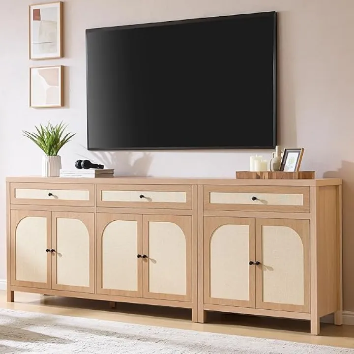 90'' Large Sideboard Buffet Cabinet with Storage, Rattan Accent Cabinet with Doors Drawers and Adjustable Shelves, Farmhouse Credenza Wood Coffee Bar Cabinets for Living Room Kitchen Entryway, Natural