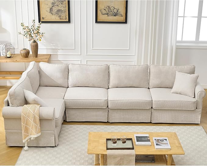 Modular Sectional Sofa Set,Convertible L Shaped Couch,5 Seat,Reversible Sectional Sofa Couch,Upholstered,Corner Sofa,Rolled Arms,Soft Linen Fabric, Beige