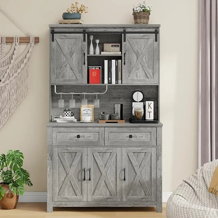67.7 Inch Farmhouse Pantry Storage Cabinet with Sliding Barn Doors, 2 Drawer Farmhouse Coffee Cabinet with Adjustable Shelf, Side Board with Buffet Cupboard for Kitchen, Livingroom.Gray