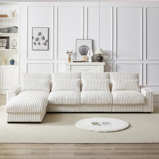 126-inch Corduroy with Cup Holder Super Large L-Shaped Sofa for Living Room, Movable Footrest, Four Waist Pillows and Four Back Cushion, with USB Port and Type-C Port
