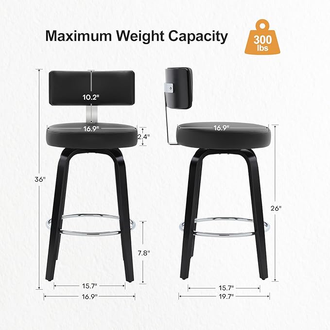 Swivel Counter Height Bar Stools Set of 2, 26” Seat Height Island Chairs Modern Kitchen Stools for Kitchen Counter, Faux Leather Upholstered Barstools with Back, Black Wood Legs and Black Seat