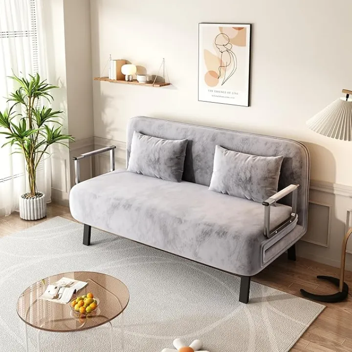 55″ Convertible Chair Bed, Tri-Fold Sofa Bed with Adjustable Backrest & Pillow, Leisure Chaise Lounge Couch with Sturdy Iron Frame for Home & Office, Comfortable Sleeper Chair