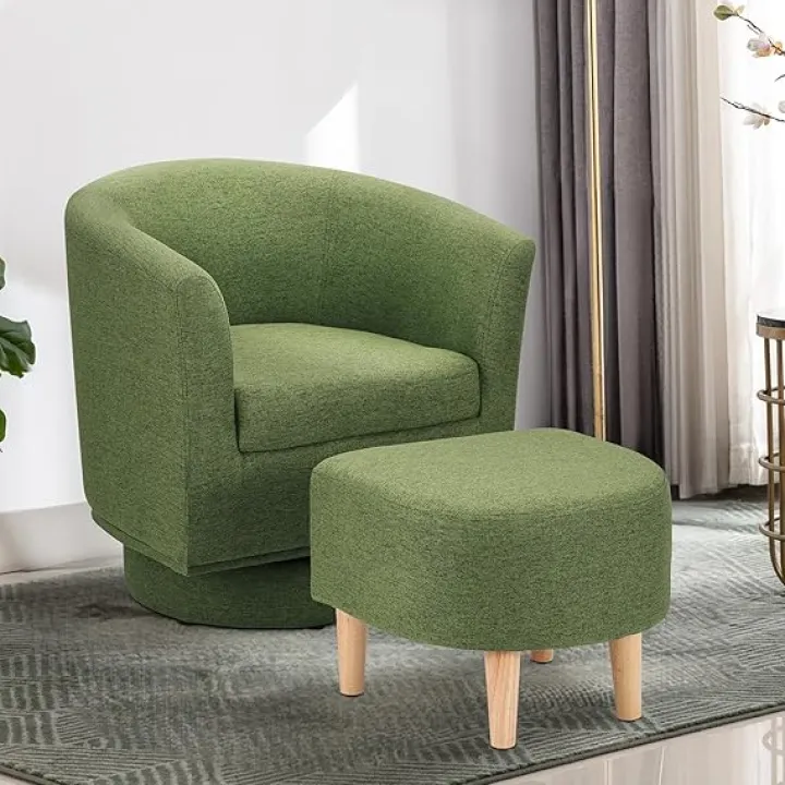 Green Swivel Accent Chair with Ottoman, Comfy Barrel Armchair for Small Spaces, 360° Modern Fabric Lounge Chair for Living Room, Bedroom, Reading Nook, Home Office