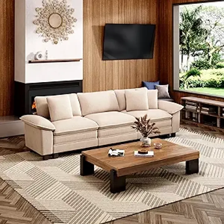 Compact Cloud Modular Sectional Sofa 123-Inch, Plush Luxe Corduroy 3-Piece Couch Set w/Removable Arms & Deep Seat - Beige