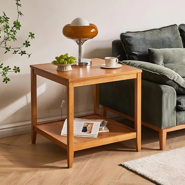 Side Table, Solid Wood Square End Table with Storage Shelf, 2-Tier Coffee Table for Living Room, Rubber Wood Small Sofa Table, Nightstand 23.62 H x 23.62 W x 23.62 D Inches (Natural)