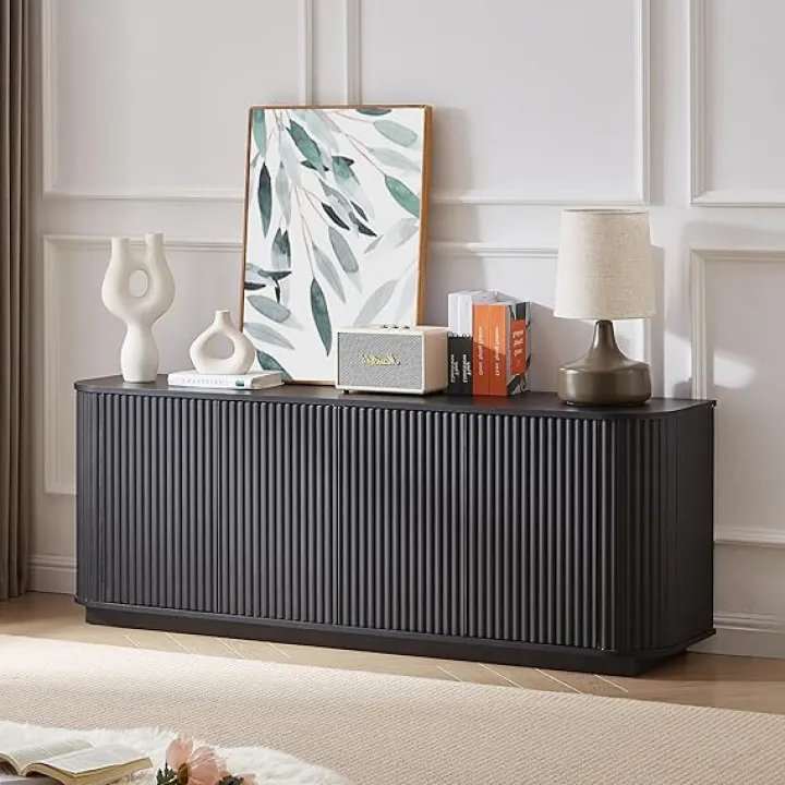 Sideboard Storage Cabinet Curved Design Accent Buffet Cabinet with Storage 64'' Wooden Entryway Console Table TV Stand with Vertical Striped Doors for Living Dining Room, Entryway (Black)
