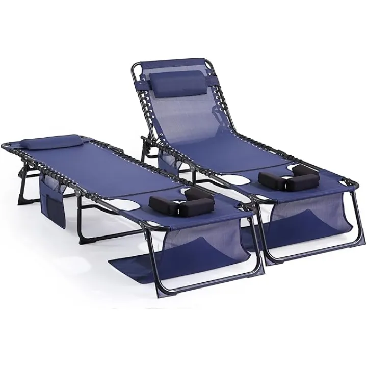 Unovivy Tanning Chairs with Face Hole Set of 2, Patio Lounge Chairs with 5-Position Reclining Back, Portable Folding Outdoor Lounge Chair for Sunbathing, Pool, Patio, Camping