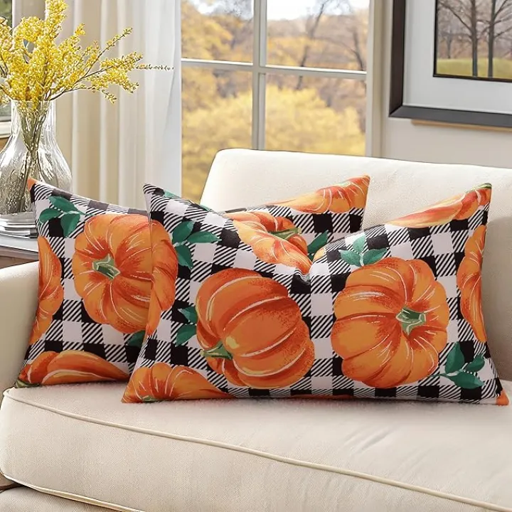 decorUhome Fall Orange Pumpkin Decorative Throw Pillow Covers 12x20 Set of 2, Lumbar Buffalo Plaid Check Farmhouse Cushion Covers for Autumn Harvest Couch Sofa Bed Home Decor