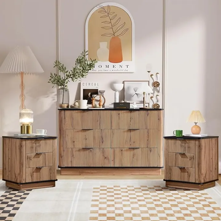 Fluted Bedroom Set - 6 Drawer Dresser and 2PCS Nightstand, 3 Piece Dresser and Nightstand Sets with Gold Handles, Curved-Top, Wood Chest of Drawers Mid Century Storage Cabinet Set, Natural