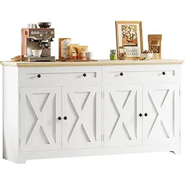 IRONCK Buffet Cabinet with Storage, Sideboard Storage Cabinet, Kitchen Cabinet with Drawers and Doors, Natural Wood