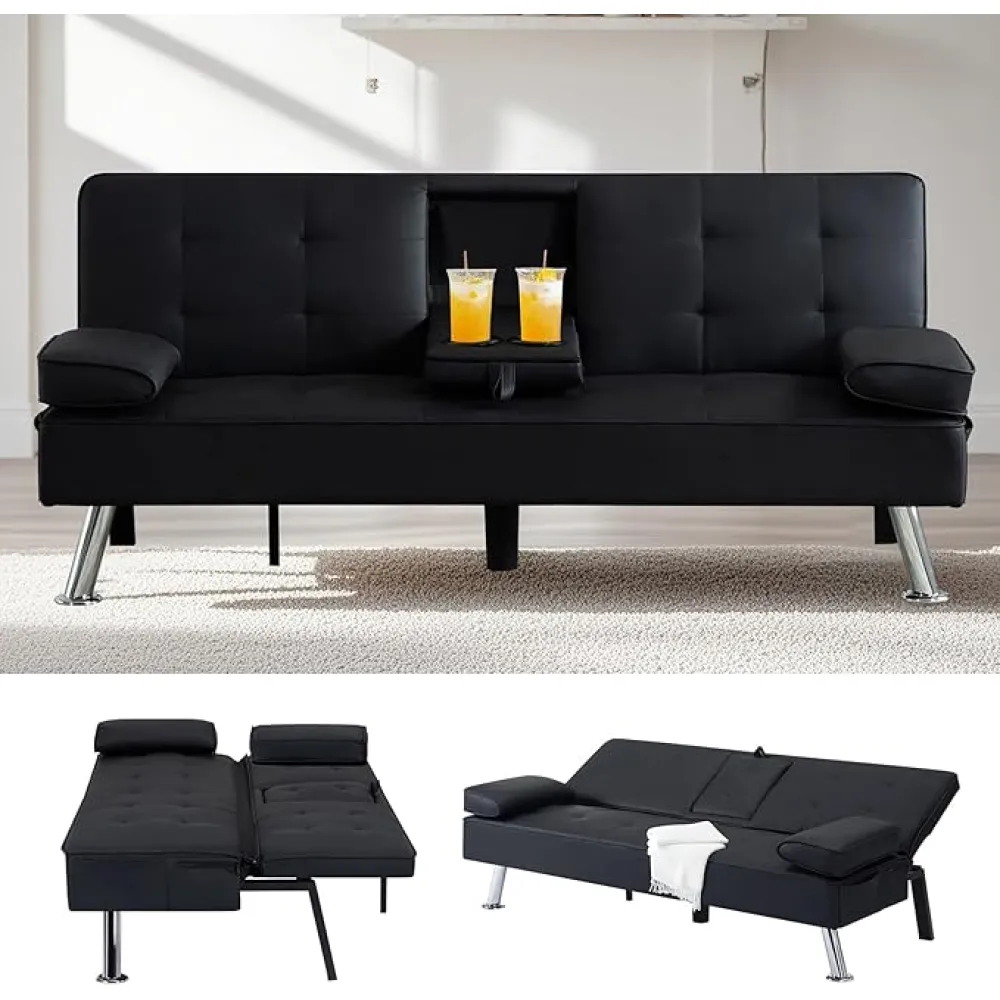 NicBex Futon Sofa Bed, Convertible Loveseat Sleeper Couch, Adjustable Recliner Sofá, Folding Accent Sofa&Couch with 2 Cup Holders and Removable Armrests for Living Room, PU Leather, Easy to Assemble