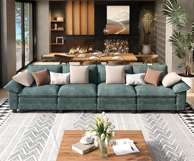 4 Seat Modular Cloud Couch, 157.5'' Oversized Chenille Sectional Sofa with Removable Armrest and Pillow, Modern 4-Seat Deep Seat Sofa for Living Room, Green