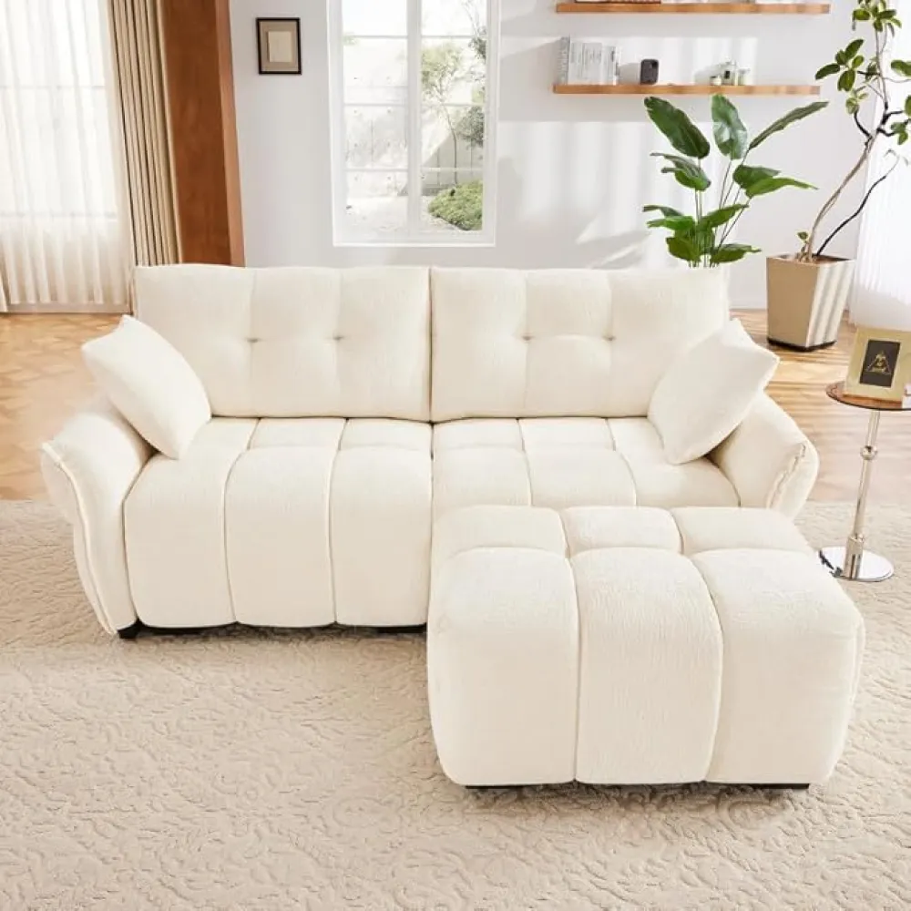 Modern Chenille Fabric 2-Seater Sofa with Ottoman - Loveseat Couch Minimalist Design with Textured Fabric - Ideal for Living Room, Apartment or Dorm - White