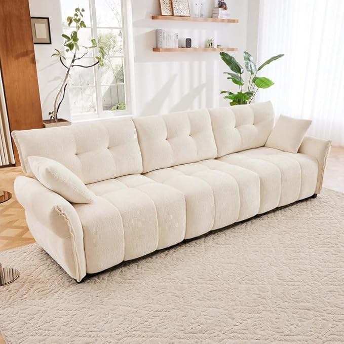3 - Seater Sofa Set, with 2 Ottomans & Pillows, Has Solid Wood Frame, Textured Chenille Cover. High - Rebound Cushions. Ideal for Living Rooms, Apartments, Lounges, in White