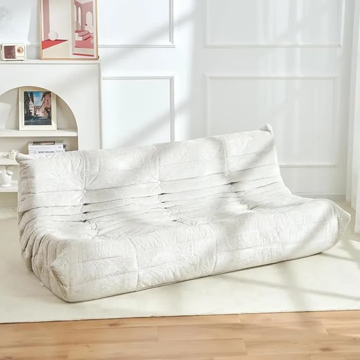 Homguava Bean Bag Chair, Giant Beanbag Chairs for Adults, Comfy Fireside Large Lazy Floor Sofa, Single Sofa Couch with High-Rebound Foam, Lounge Sofa for Living Room, Bedroom (Beige, 3-Seater)