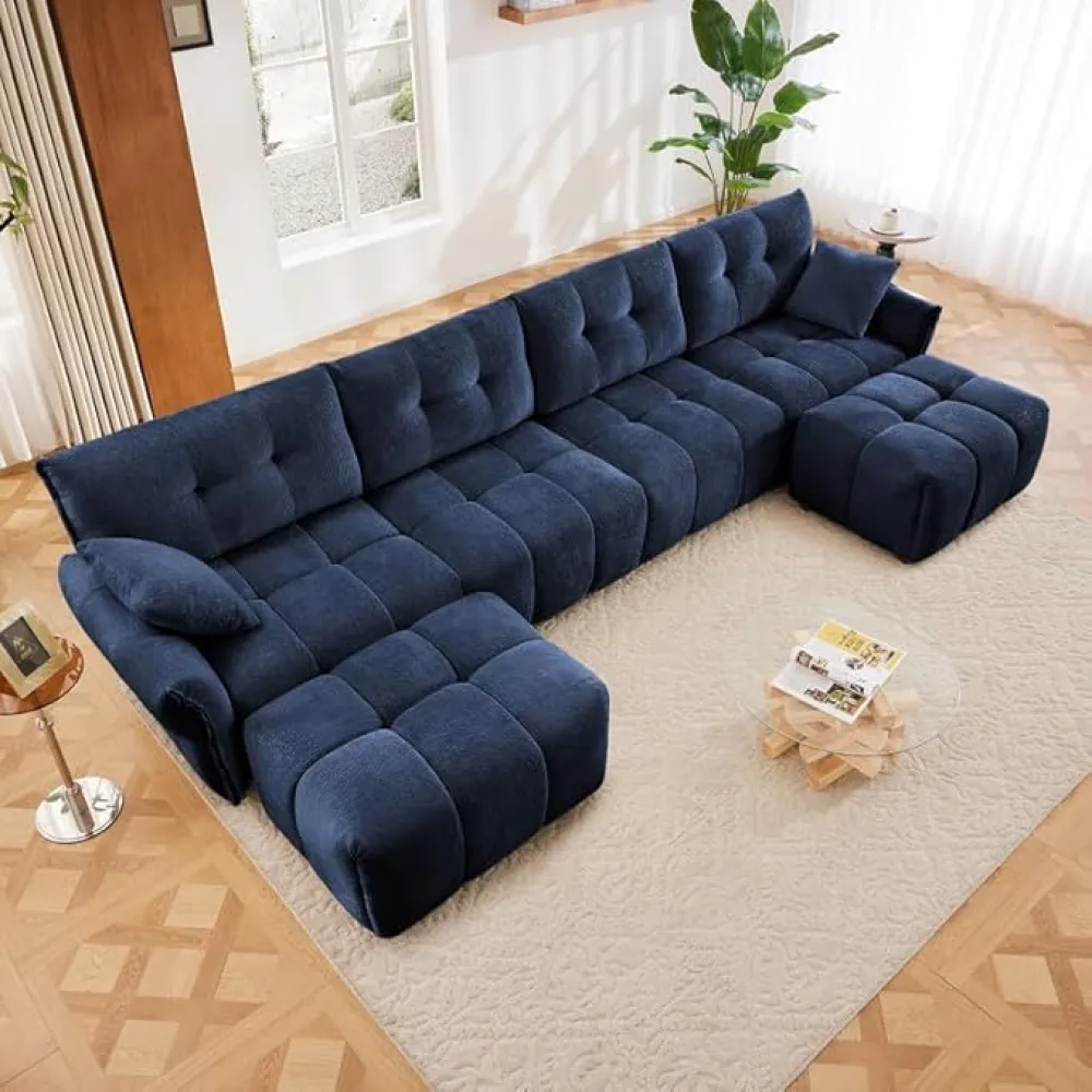 4-Seater Sofa Set with 2 Ottomans, Solid Wood Frame with Premium Chenille Fabric, and High-Resilience Cushions, Perfect for Living Room, Home Office, Lounge, Hotel or Vacation Rental, in Blue
