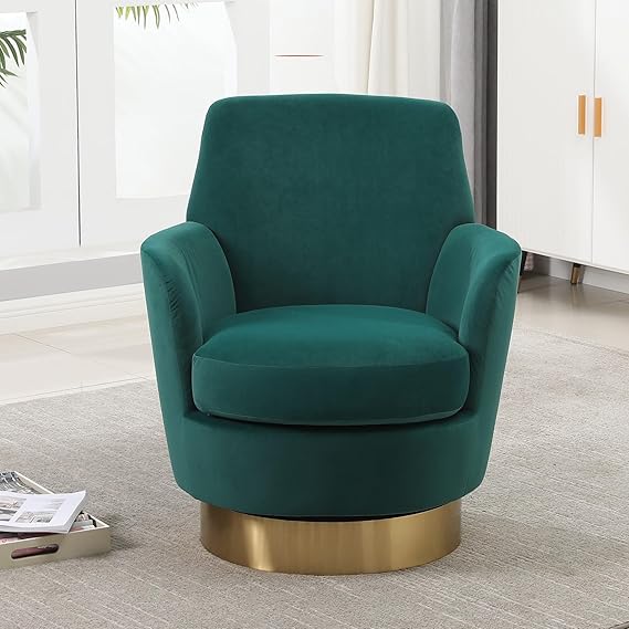 KEIKI Velvet 360° Swivel Barrel Chair with Stainless Steel Base, Accent Round Single-seat Upholstered Reading Sofa Armchair for Nursery, Reading, Living Room, Bedroom, Lounge, Hotel, Emerald Velvet