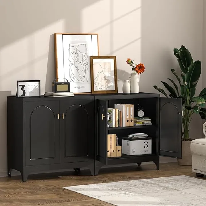 Kitchen Buffet with Storage, Metal Buffet Table with Doors and Adjustable Shelves, 33" Tall Kitchen Sideboard, Modern Coffee Bar Console Cabinet for Living, Dining Room,Black, Assemble Required