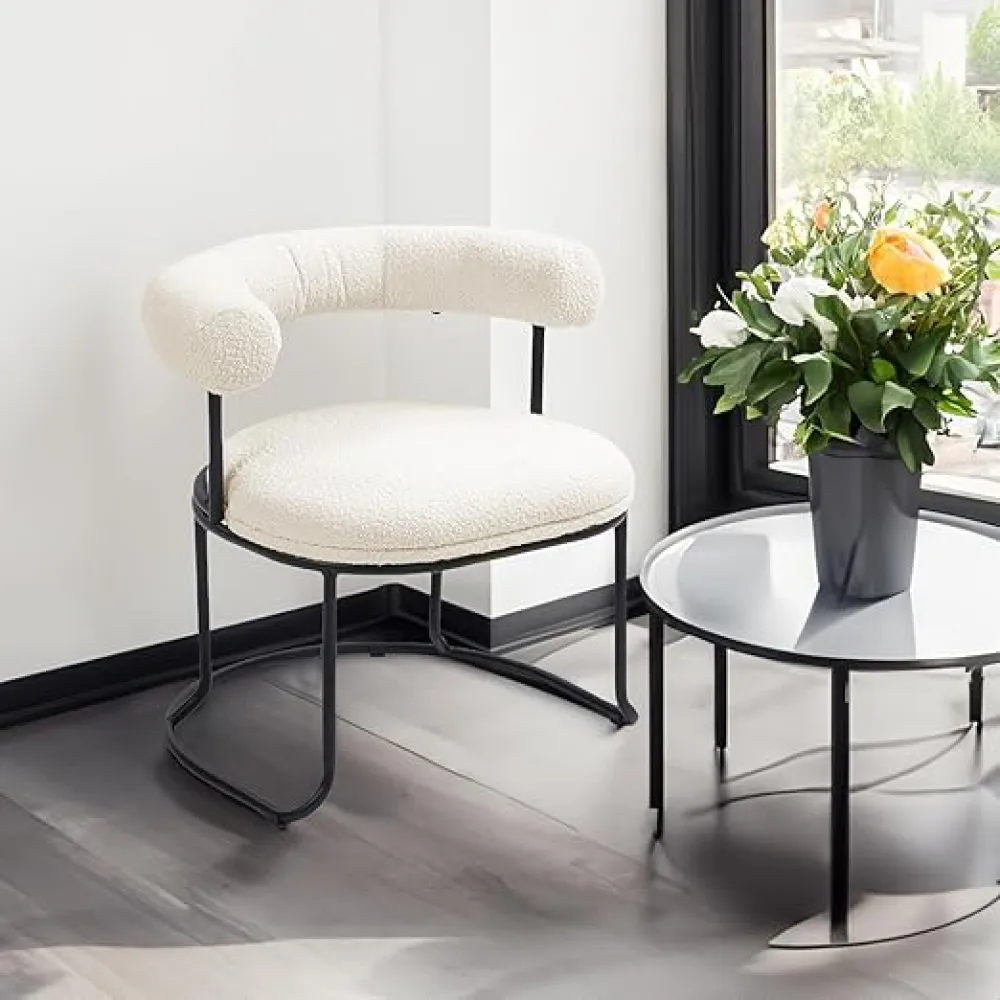 COOLCOOL Boucle Dining Chair Set of Two, Medieval Modern Curved backrest Chair, Round Cushion (Beige Boucle)