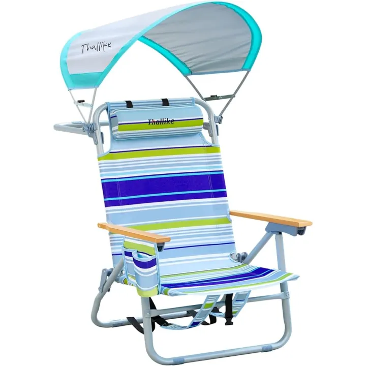 4-Position Reclining Backpack Beach Chair with Canopy Headrest Cooler Bag Cup Holder Towel Bar Storage Pouch Wooden Armrests Aluminum Frame Supports 400 lbs Foldable for Adults Camping Travel