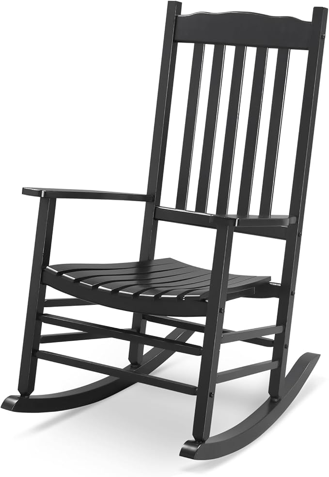 Outdoor Wood Rocking Chair, Wooden Patio Rocking Chair with Comfortable Backrest, Weatherproof Patio Rocker for Patio Garden Yard Balcony Poolside, Black (B)