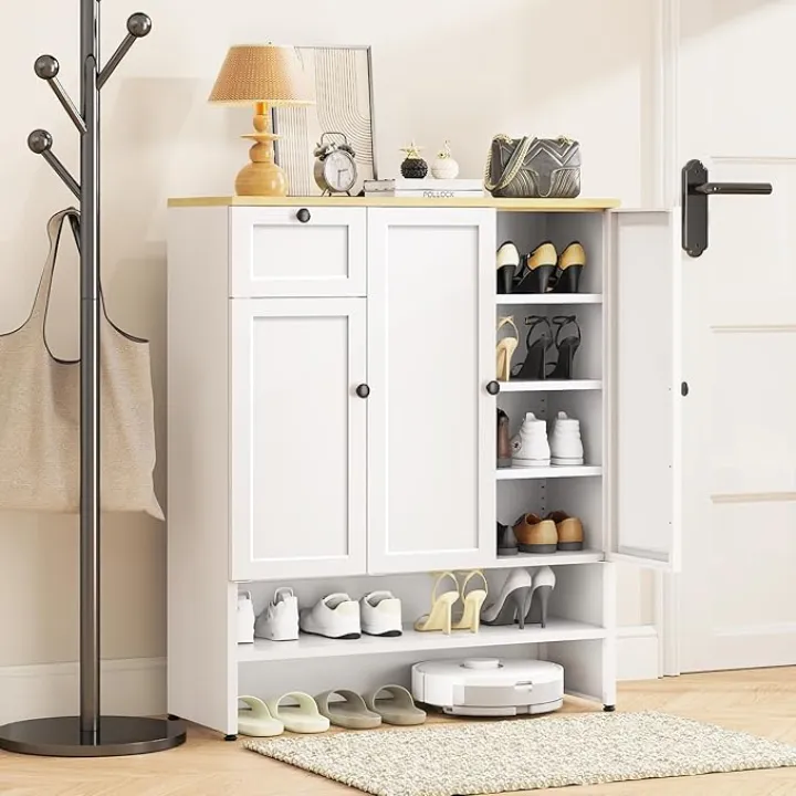 Metal Shoe Cabinet with Doors,47''Tall 6-Tier Shoe Storage Cabinet with Adjustable Shelves and Drawer,Shoe Rack Organizer Cabinet for Entryway,Hallway, Living Room (White)